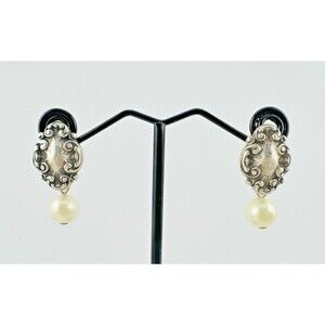 Vintage 925 Victorian Revival Dangle Earrings Sterling Silver Faux Pearl 1"